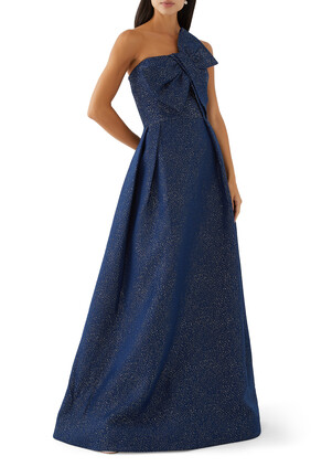 Metallic Jacquard Bow One-Shoulder Gown